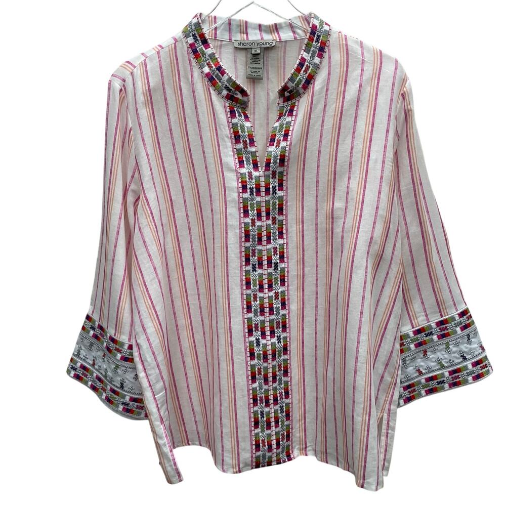 Sharon Young Linen Blend Stripe Top,With Embroidered Embellishment Size XL NWT